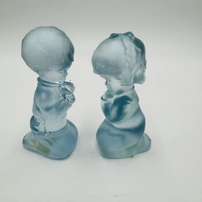Fenton Art Glass Frosted Babies Blue Girl & Boy Kneeling Praying Figurines 3.5”
