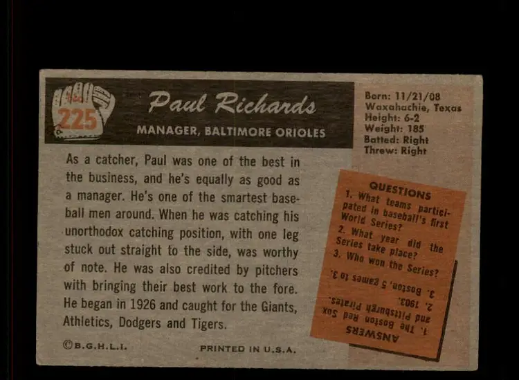 1955 Bowman #225 Paul Richards - (pk-tl3) - Baltimore Orioles
