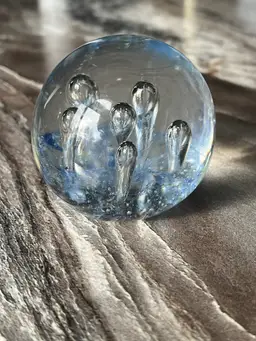 Clear Glass Paperweight with Light Blue 2x2 1/2 inch