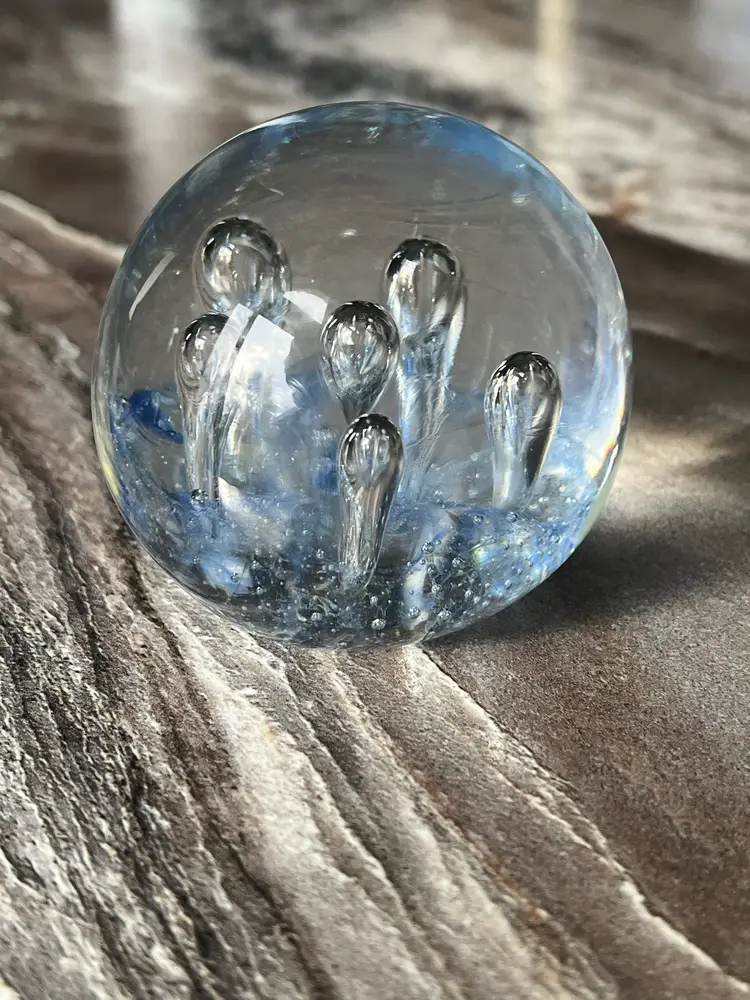 Clear Glass Paperweight with Light Blue 2x2 1/2 inch