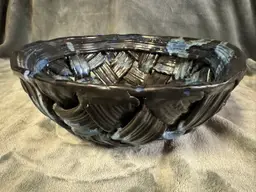 Vintage Lg Handmade Art Studio Pottery Basket Weave Bowl Signed Black Blue Woven
