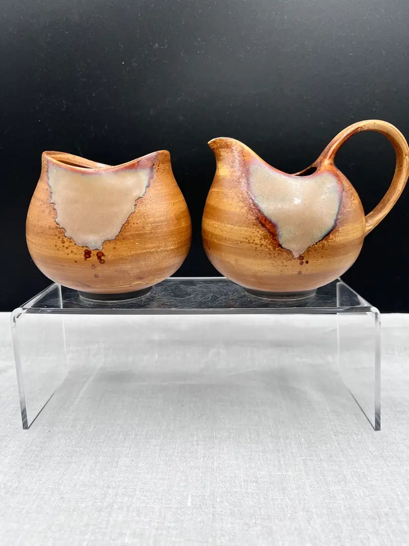 Vintage Set Of Sango Splash #4951 Cream Pitcher And Sugar Bowl In A Beautiful Caramel And Brown Drip Glaze