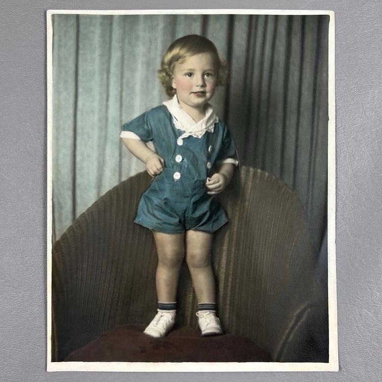 Vintage Tinted Photo Portrait Toddler Baby Blonde Curls Rosy Cheeks 8x10"