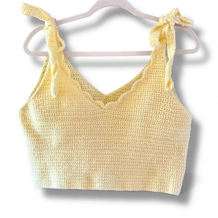Handmade Yellow Crochet Crop Top with Shoulder Ties Sz. Lg/XL