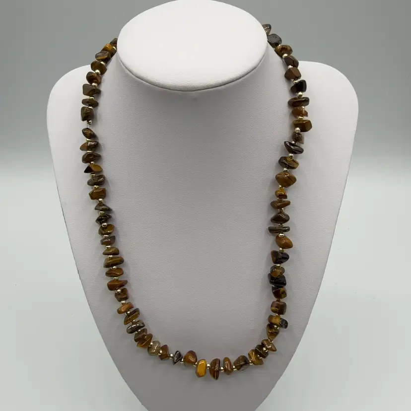 Tiger Eye Barrel Clasp Necklace Gold Tone Bead Spacers 20”