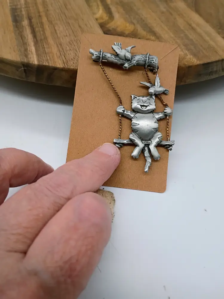 Vintage JJ Jonette Jewelry Pewter Cat On A Swing With Birds Pin Brooch Signed.