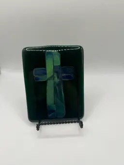 Fused Glass Plaque Green Blue Cross