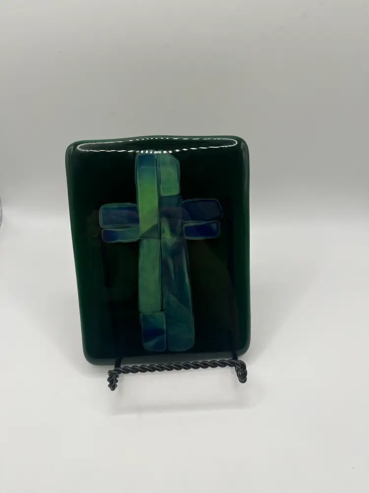 Fused Glass Plaque Green Blue Cross