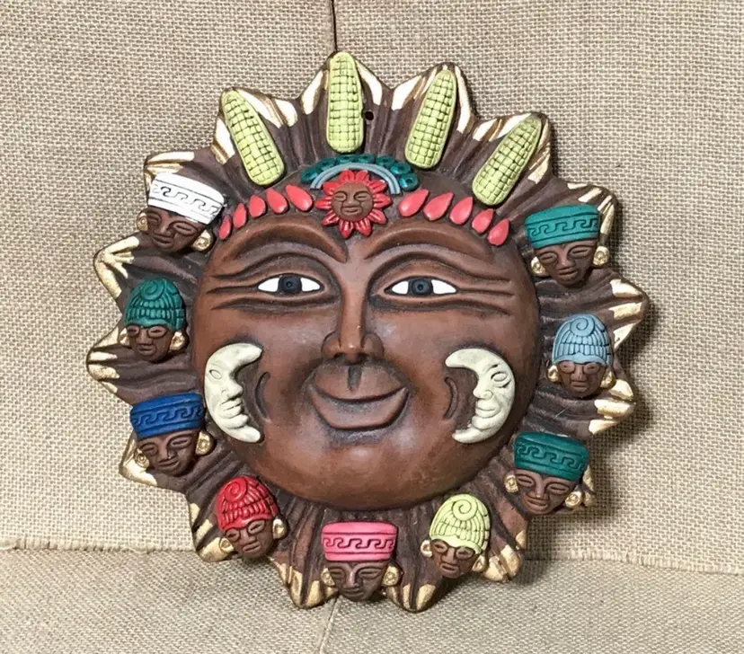 Mayan Sun God Wall Hanging Inah Reproduction Terracotta Pottery Celestial Solar