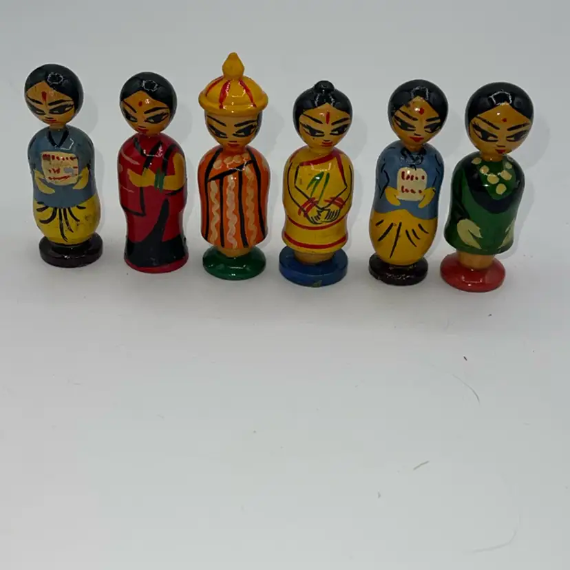 Lacquered Hand-Painted Wooden Figures Set Of Six Vintage