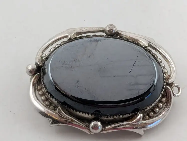 Vintage Silver Tone Black Glass Mirror Pendant Brooch Jewelry
