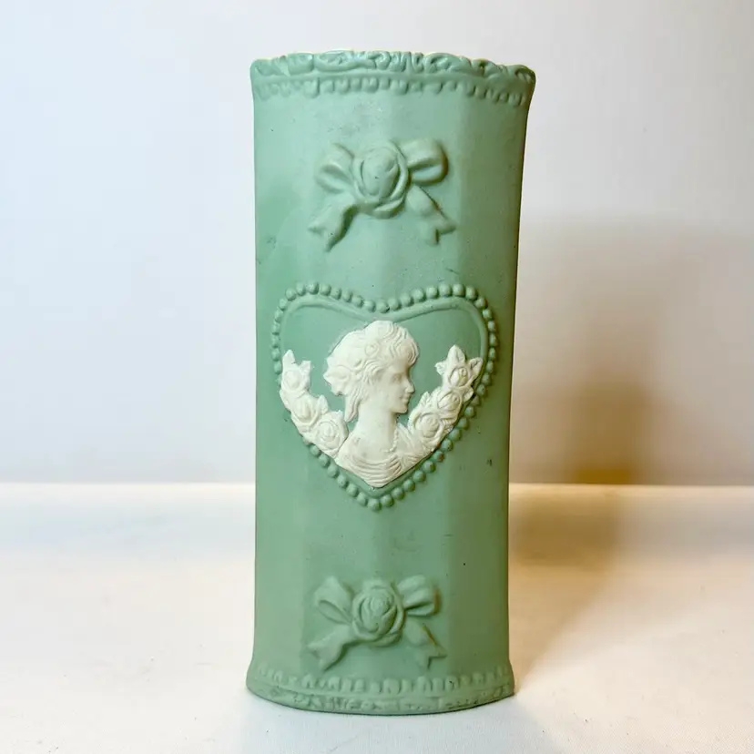 Schafer & Vater Art Nouveau Green Jasperware Cameo Wall Pocket Vase Vintage