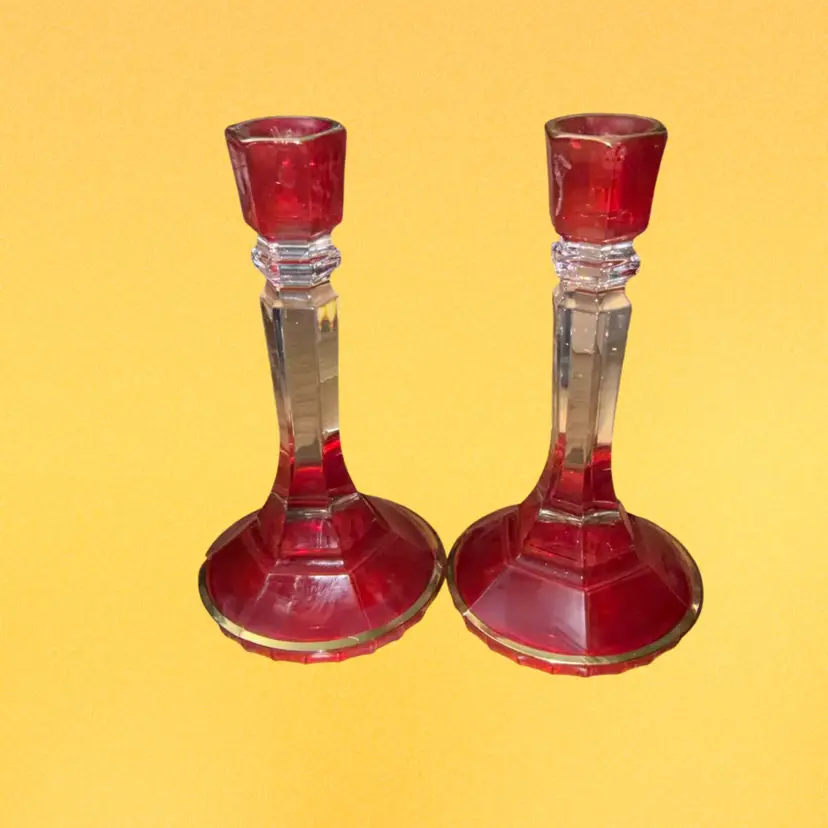 Vintage Italian Lead Crystal Red Candlestick Holders Gold Trim - Set Of 2