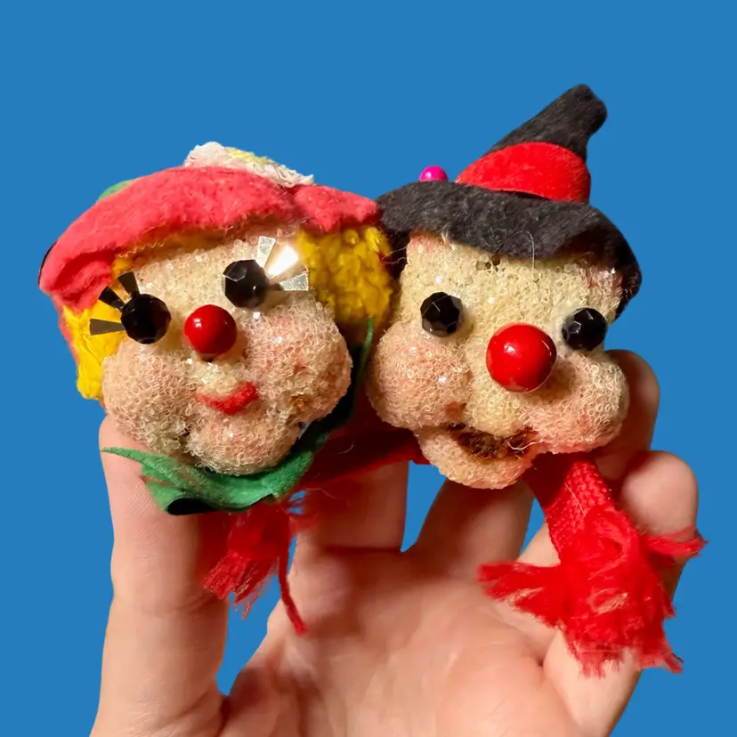 Vintage Handmade Paper Mache Christmas Ornaments, 2 PC, Snowman & Snow Woman