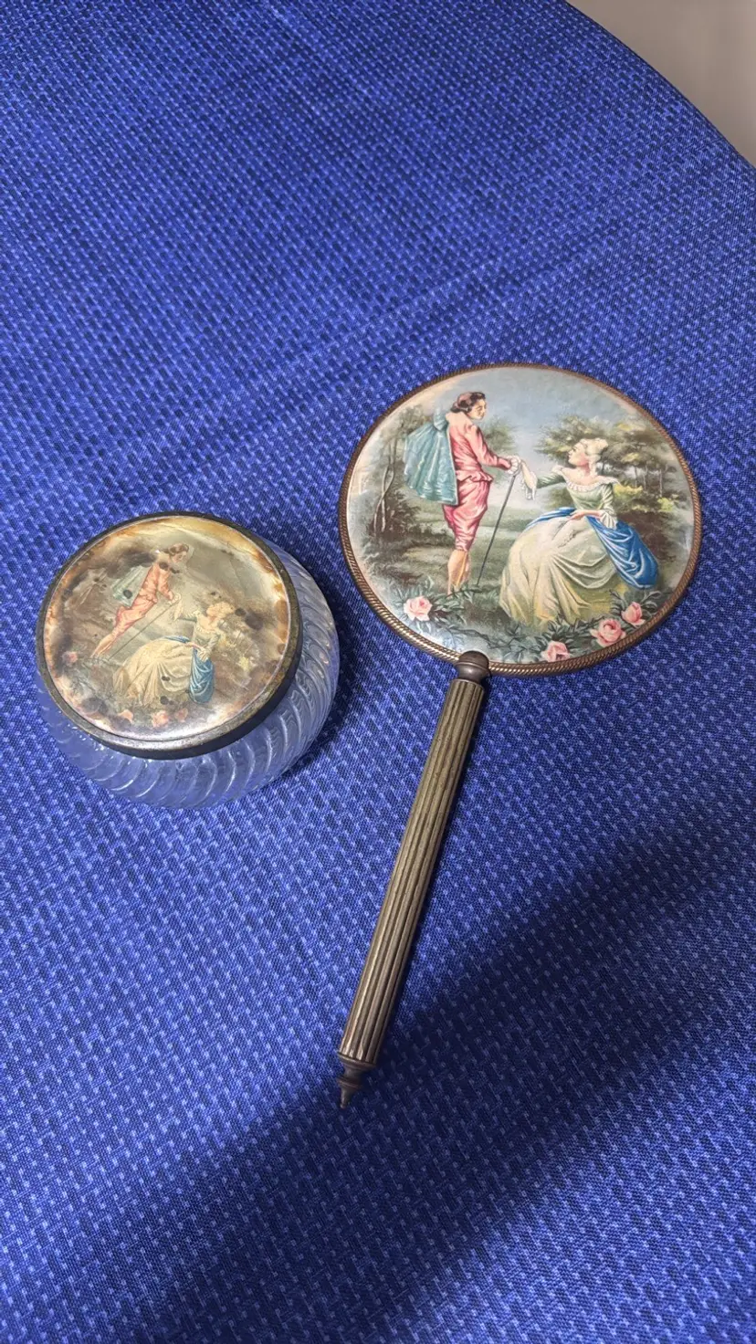 Vintage Vanity Set with Romantic Scene brass handled mirror, glass jar