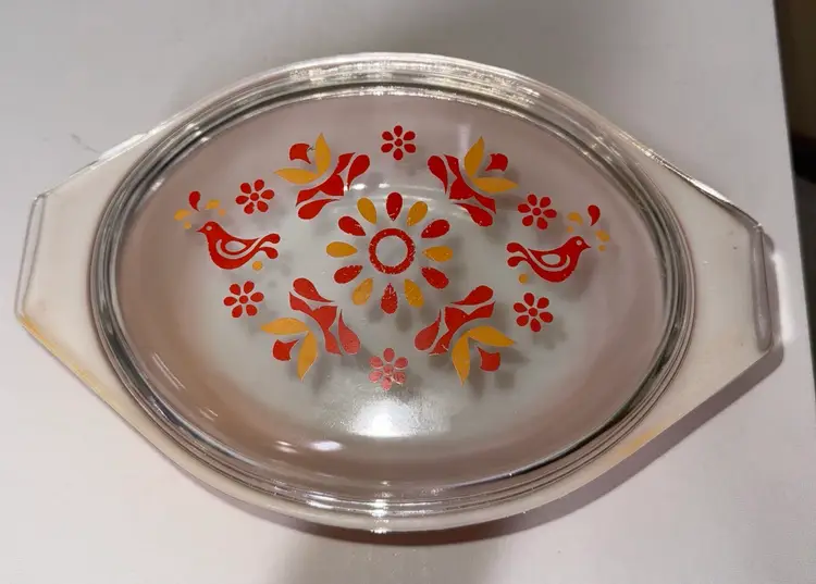 Pyrex 043 1 1/2qt Friendship oval casserole dish orange W/ Lid Red Chickens