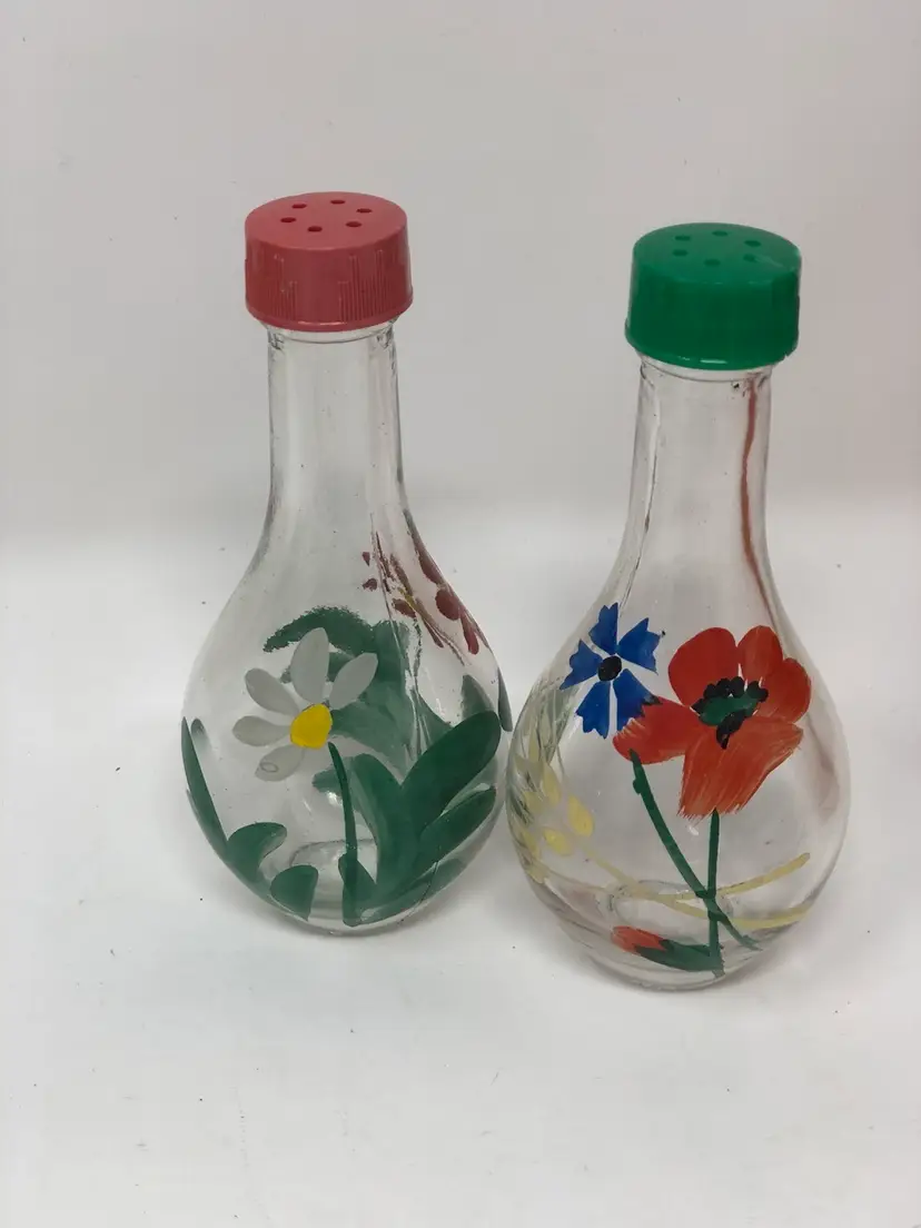 Italian Glass Bottle Salt and Pepper Set with Hand Painted Floral Design