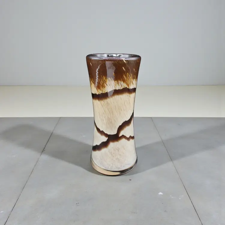 Hand Blown Studio Art Glass Vase 6.25” Tall Brown & Cream Mottled Feather Pattern Modern Decor RW