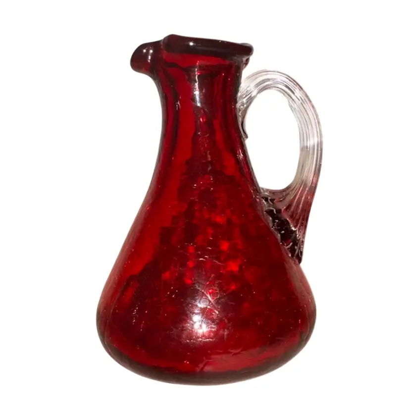 Red Glass Pitcher, Pourer, Creamer Or Vase Clear Applied Handle