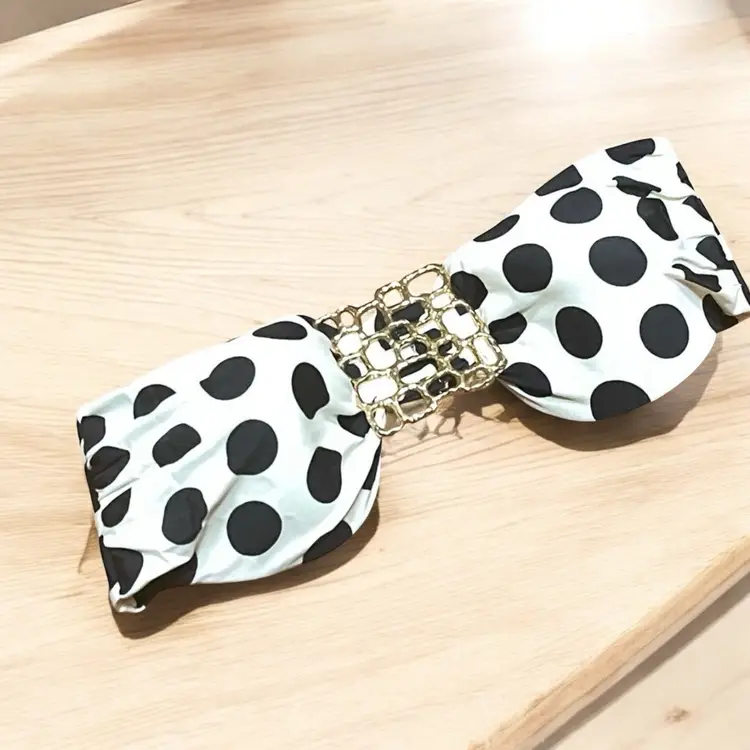 Off White And Black Polka Dot Bandeau Bikini Top With Gold Center…