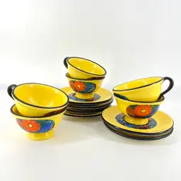Set 6 Mrazek Pottery Czech Peasant Art Yellow Floral Cup Saucer