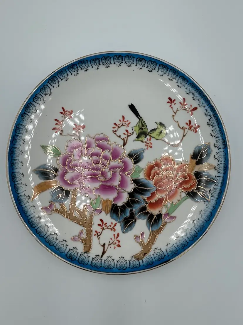 Ling Nan China Embossed Hand Painted Plate With Birds & Flowers