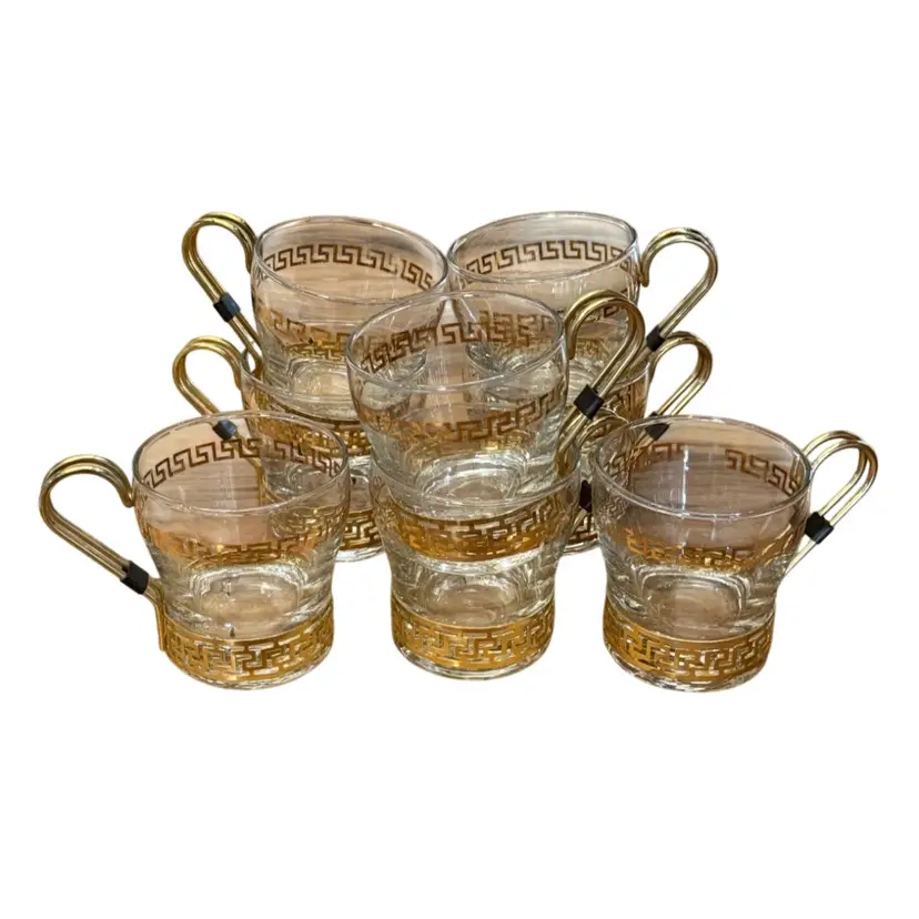 Vintage Libbey Gold Greek Key Drinking Glass Mugs set of eight