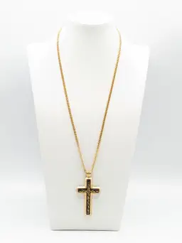 Vintage Sarah Coventry Cross Necklace Limited Edition 1978 Black with Gold Tone