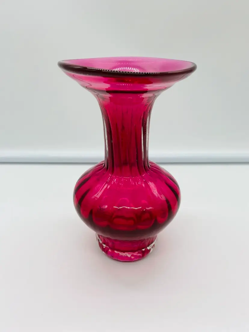 Pilgrim 6” Ribbed Cranberry Glass Vase Hand Blown Clear Base