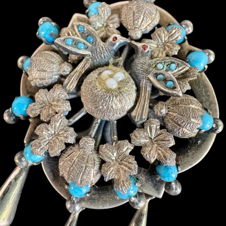 Vintage Zuni Sterling Silver Hummingbird Nest Pendant Brooch Turquoise