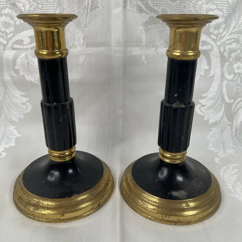 A Vintage Pair Of Vintage Brass, Black Enamel Column Candlestick Holders