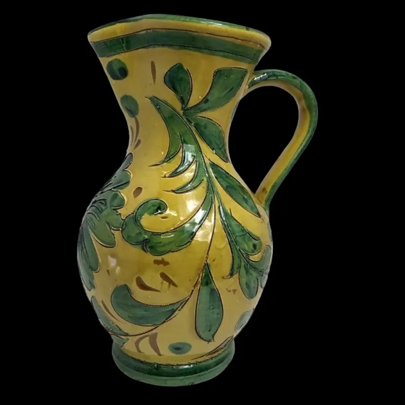 Hand Crafted And Painted Italian Pottery Pitcher Vase Floral Yellow Green Farmhouse Folk Art Vintage