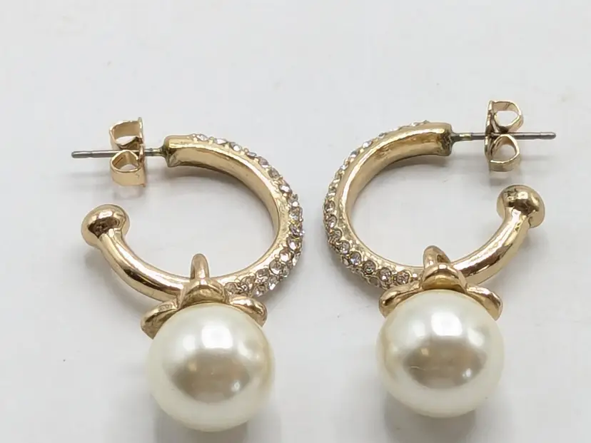 Vintage Gold Tone Hoops with Faux Pearl and Rhinestones Dangle Earrings