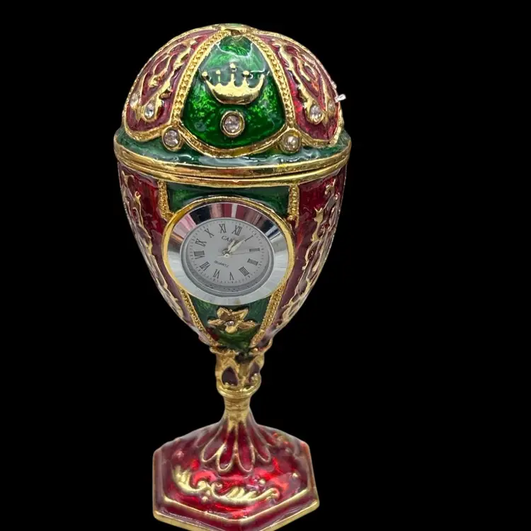 Regal Enamel  Egg Clock Trinket Box – Red & Green Enamel with Rhinestones, Crown Detail, 5”