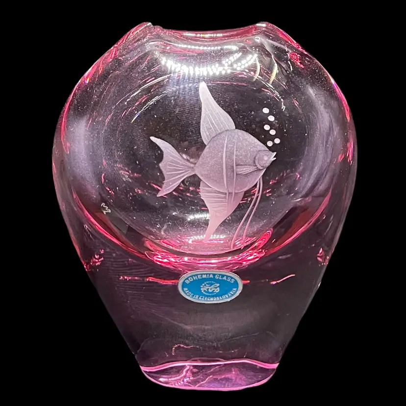 VTG Železný Brod Sklo By Miloslav Klinger Amethyst Glass Vase Etched Fish BOHO