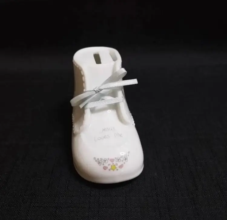 Vintage 1991 Precious Moments Blue Baby Shoe Bank "Jesus Loves Me" w Photo Slot