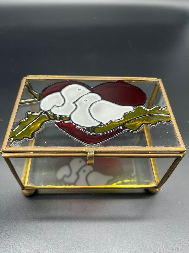 Vintage Brass & Stained-Glass Jewelry Box with Doves & Heart
