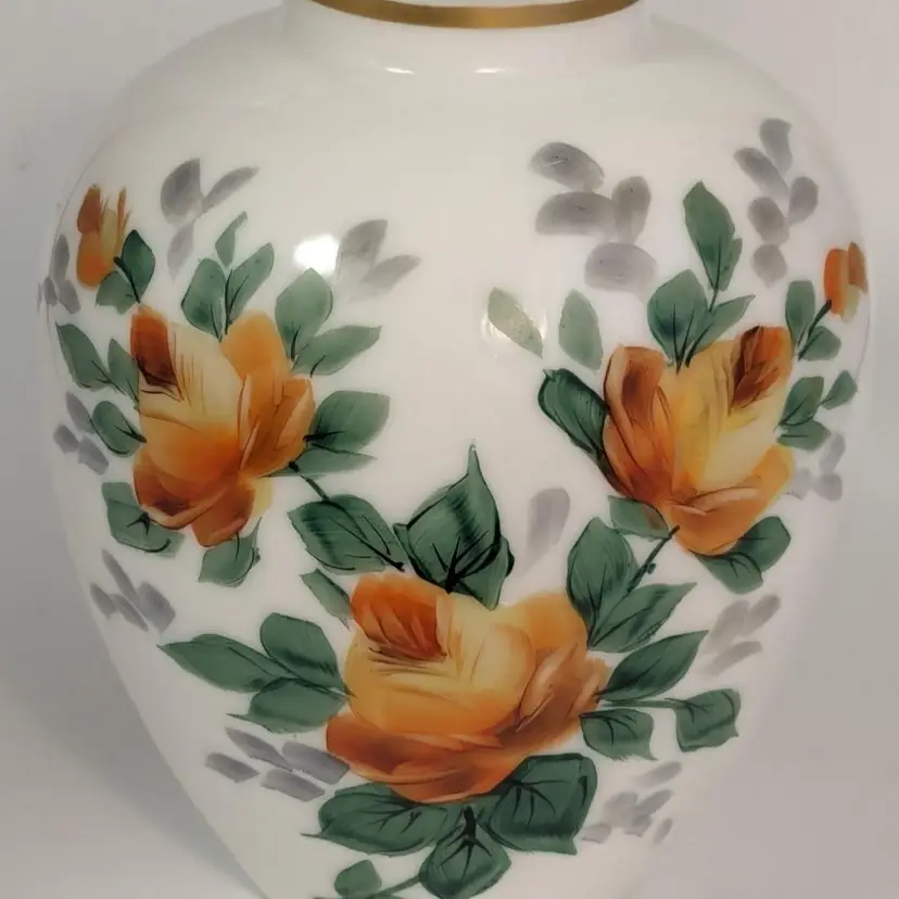 Art Glass Floral Vase Orange Roses Hand Painted Gold Rim