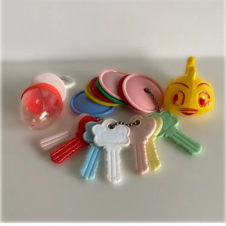 Set of 2 Vintage Baby Rattles Fish and Egg and Keys- for display only