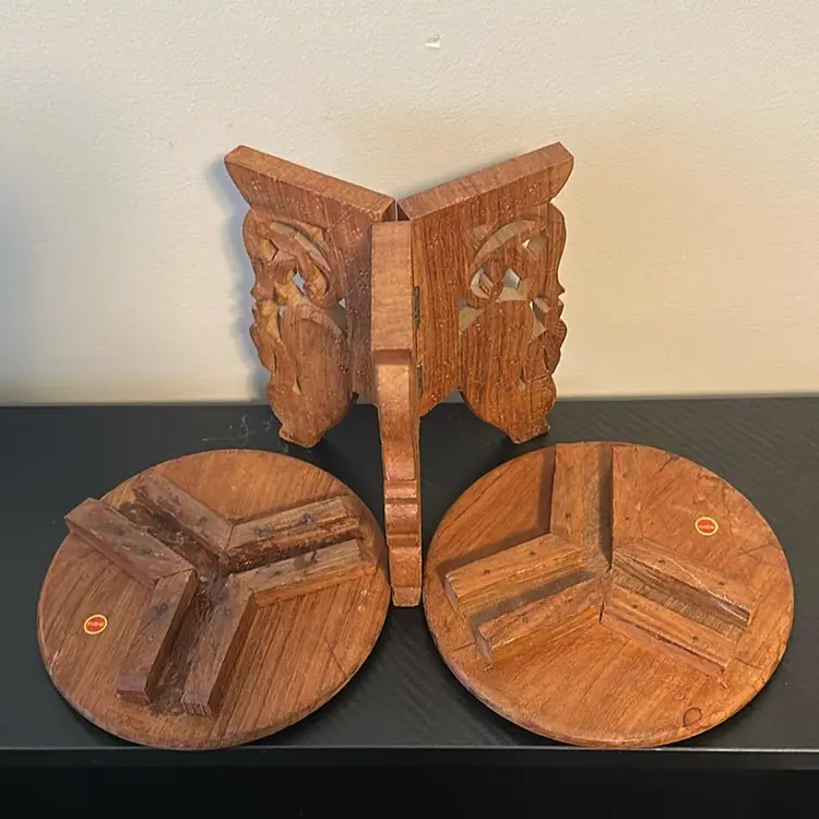 India Hand Carved Wood Plant Stand Table w/Inlay, Tripod Legs, 2 Tops