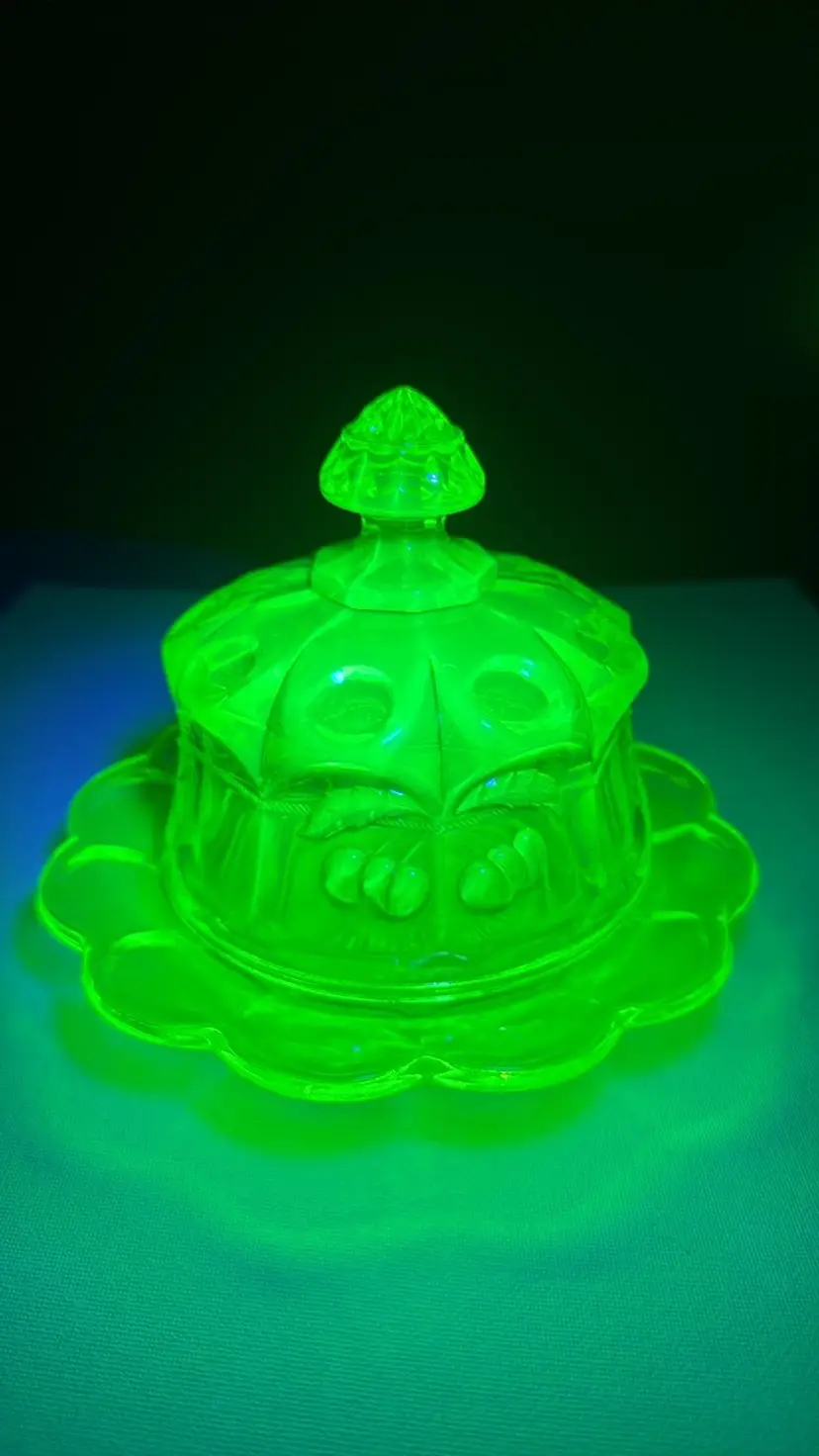 Mosser Glass Vaseline Cherry and Cable Pattern Covered Round Butter Dish