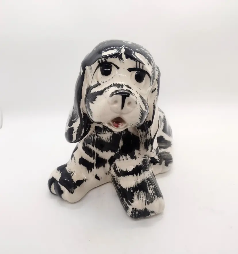 Vintage Cocker Spaniel Dog Planter Handpainted Black White Stripes Decor