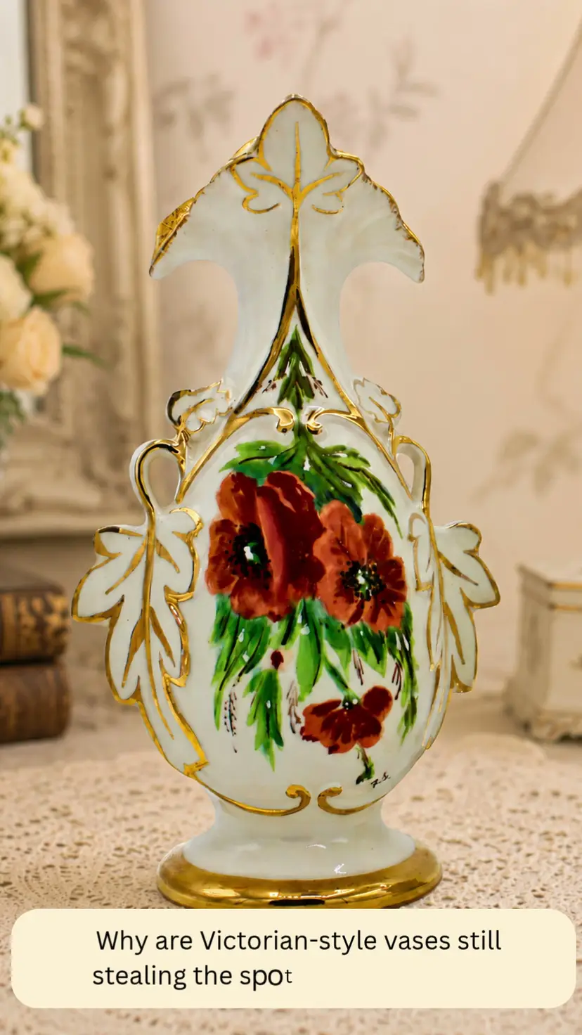 Vintage Eton Porcelain Vase Hand Painted Victorian Style Floral Gold Gilt Decor