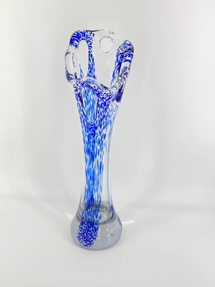 Kalina Polish Art Glass 17.5" Cutout Vase Applied Cobalt Blue Stretched Made In Poland
