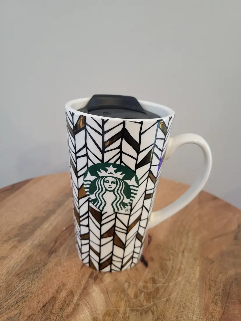 Starbucks Mermaid Logo Black Gold Geometric Tall Ceramic Mug Cup 14 oz