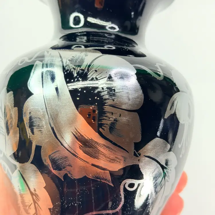 Fenton Hand Painted Silver On Black Glass Vase