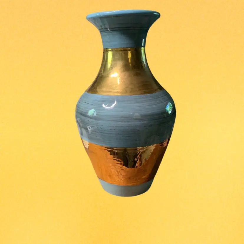 03a. Vintage Aquamarine Bohemian Blue Pottery Vase with Painted Gold Strips Egyptian Revival In The Bottom Strip