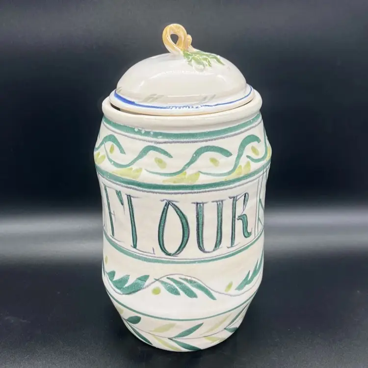 Vintage Bruce Stebner Faience Pottery Flour Crock Jar Canister Folk Art ‘95