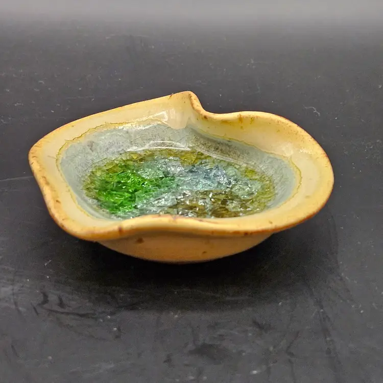 Art Pottery Fused Crackle Glass Trinket Dish Green Brown Glass Crystals