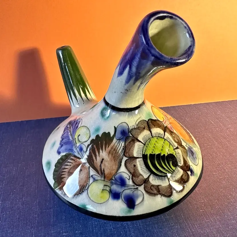 Vintage Tonala Mexico Folk Art 2 Spout Pitcher Signed 6” Tall